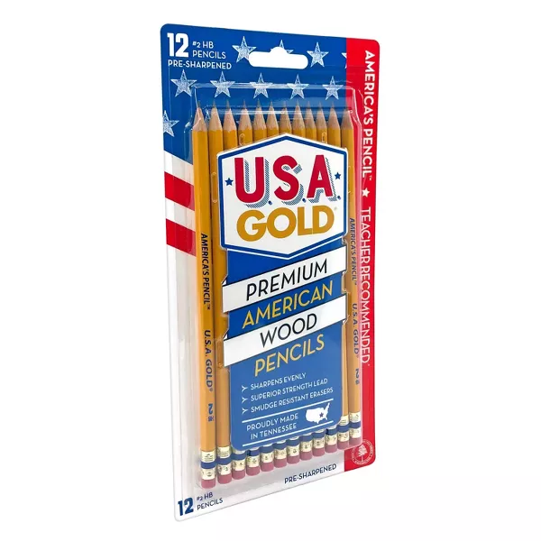 12ct #2 HB Pencils 2mm Pre-sharpened Premium American Wood Yellow - U.S.A. Gold