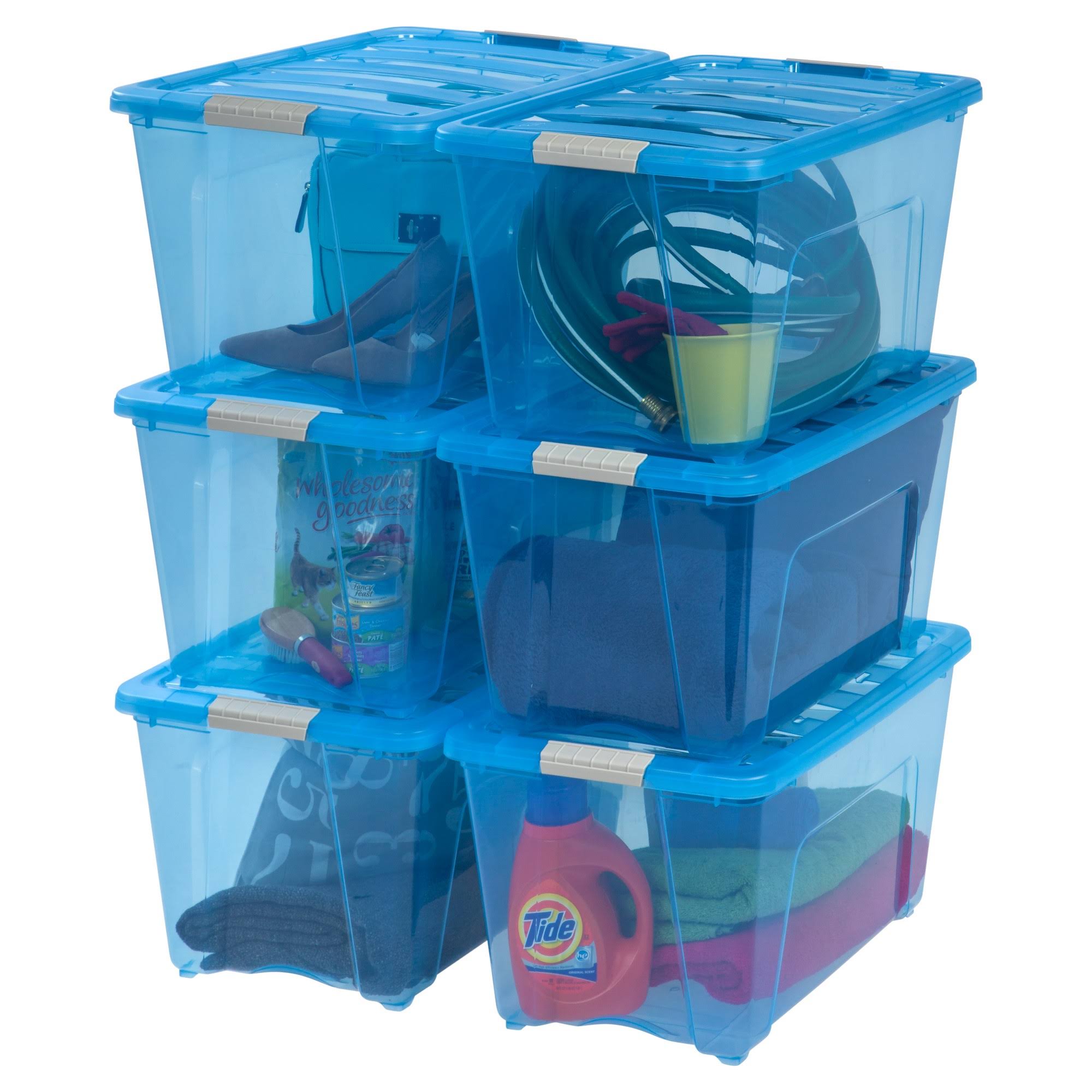 Iris 54 Qt Stack and Pull Plastic Storage Box Trans Blue Set of 6