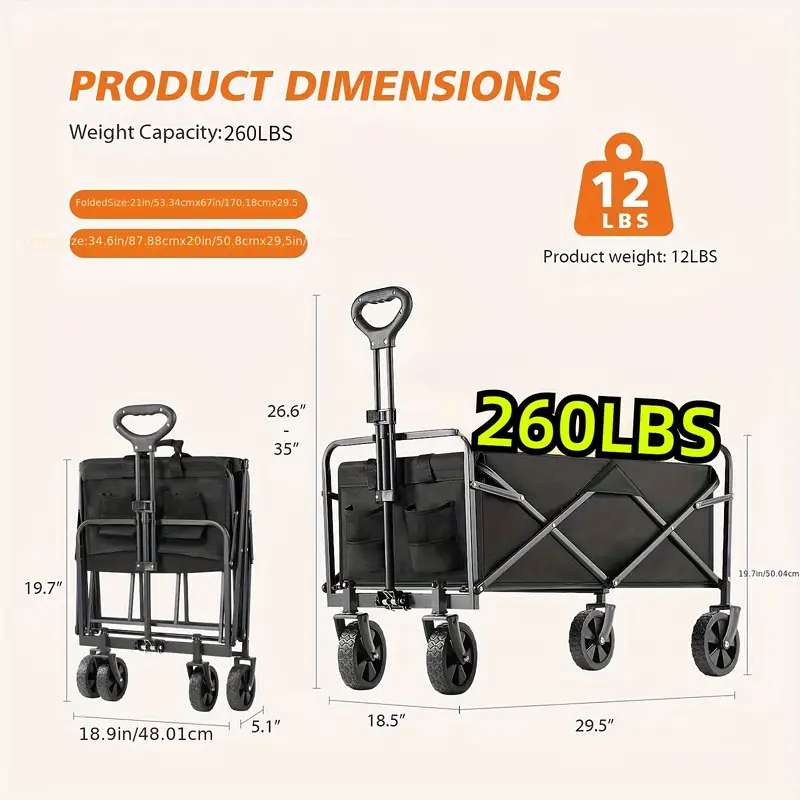 1pc Heavy-Duty Collapsible Utility Wagon Cart Sports, Camping,Outdoor, Black - ForcesArmy