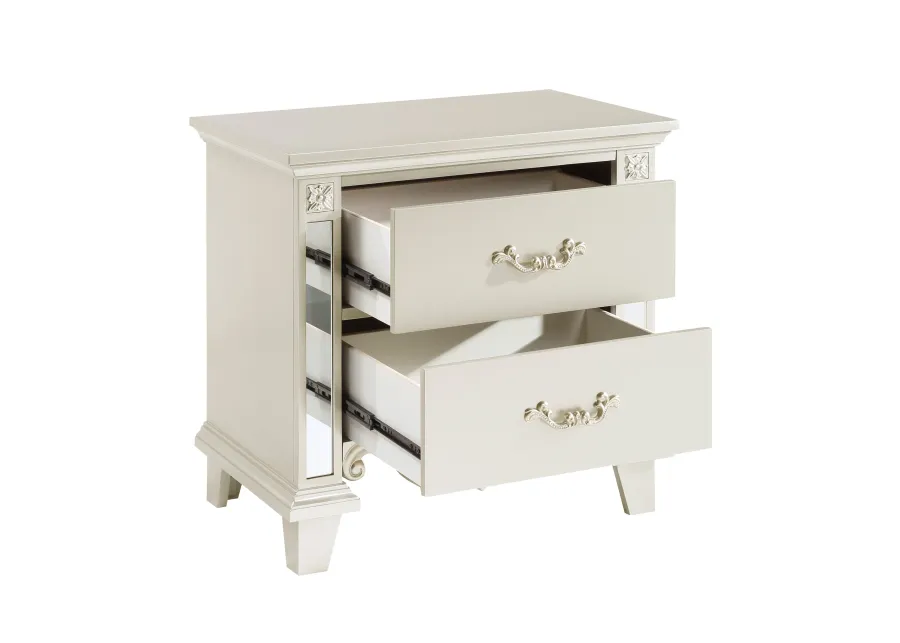 Xeni 28 Inch Nighstand, 2 Drawers, Scrolled and Mirror Accent, Champagne - Benzara