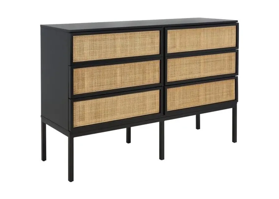Miranda 6-Drawer Rattan Dresser - Black/Natural