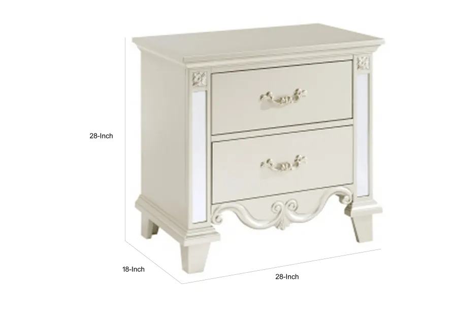 Xeni 28 Inch Nighstand, 2 Drawers, Scrolled and Mirror Accent, Champagne - Benzara