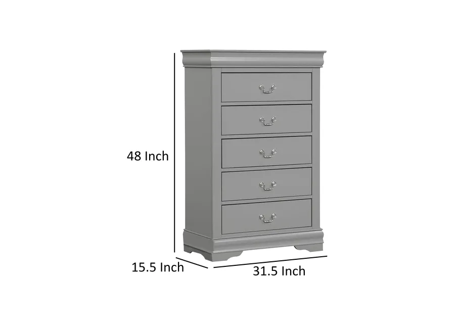 Ryla Tall Dresser Chest, 5 Drawers, Metal Handles, Light Gray Solid Wood
