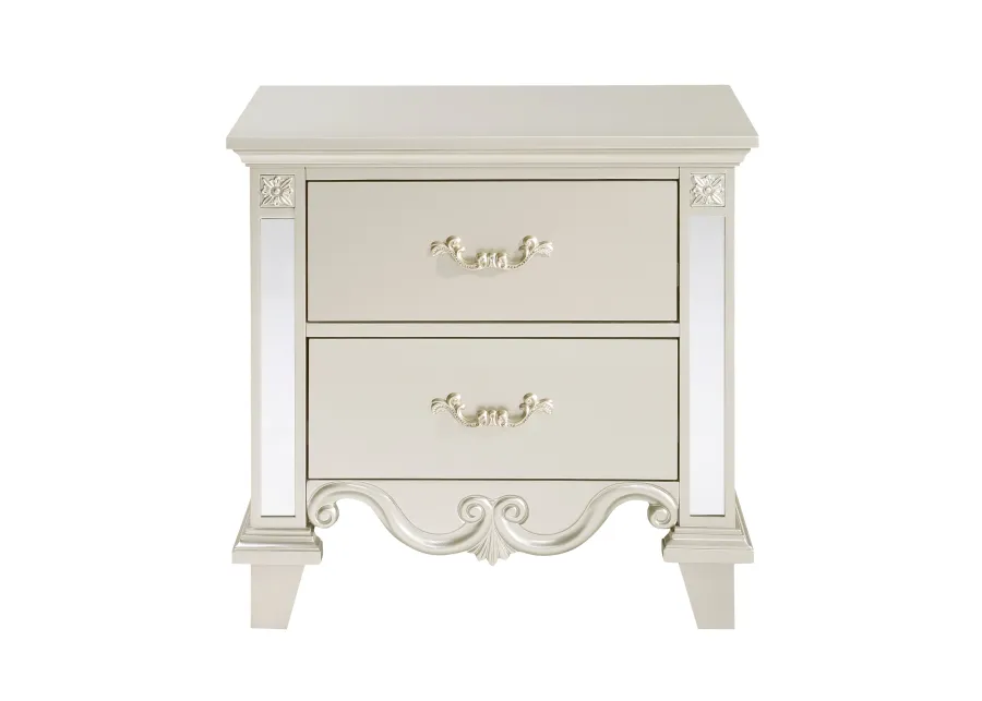 Xeni 28 Inch Nighstand, 2 Drawers, Scrolled and Mirror Accent, Champagne - Benzara