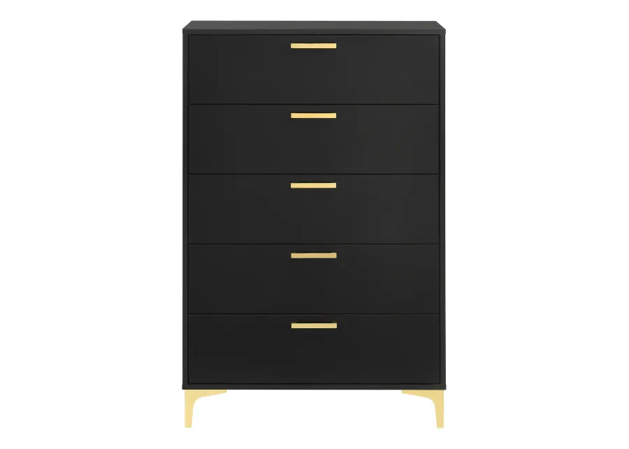 Lif 50 Inch Modern 5 Drawer Tall Dresser Chest, Gold Accents, Smooth Black-Benzara