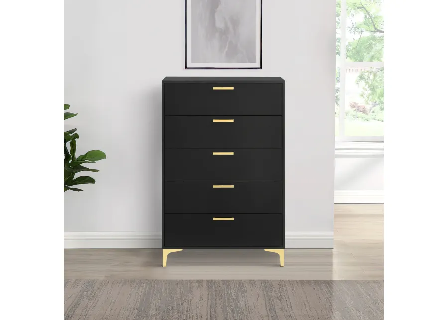 Lif 50 Inch Modern 5 Drawer Tall Dresser Chest, Gold Accents, Smooth Black-Benzara