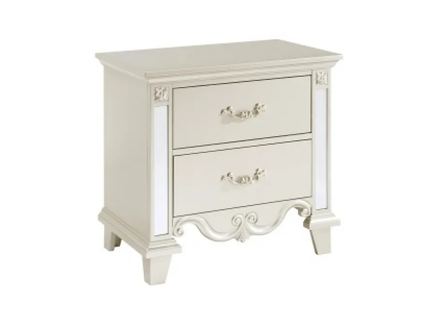 Xeni 28 Inch Nighstand, 2 Drawers, Scrolled and Mirror Accent, Champagne - Benzara
