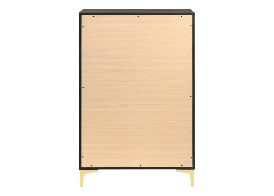 Lif 50 Inch Modern 5 Drawer Tall Dresser Chest, Gold Accents, Smooth Black-Benzara