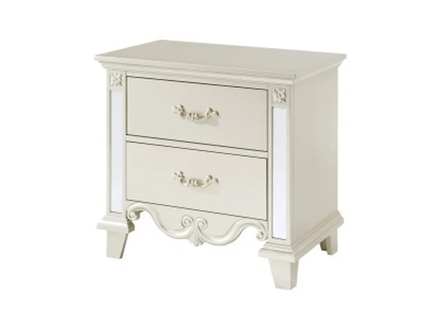 Xeni 28 Inch Nighstand, 2 Drawers, Scrolled and Mirror Accent, Champagne - Benzara