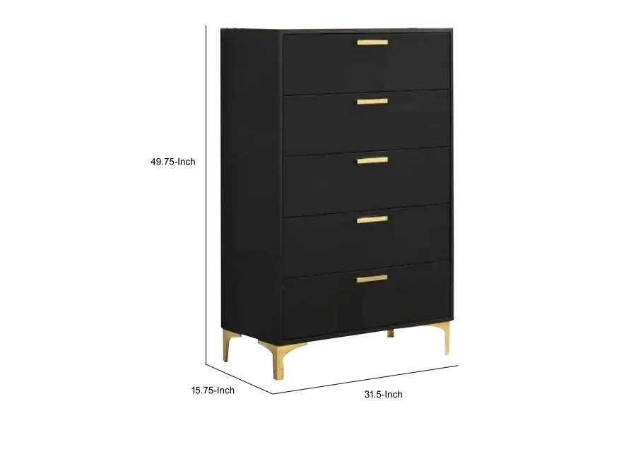 Lif 50 Inch Modern 5 Drawer Tall Dresser Chest, Gold Accents, Smooth Black-Benzara