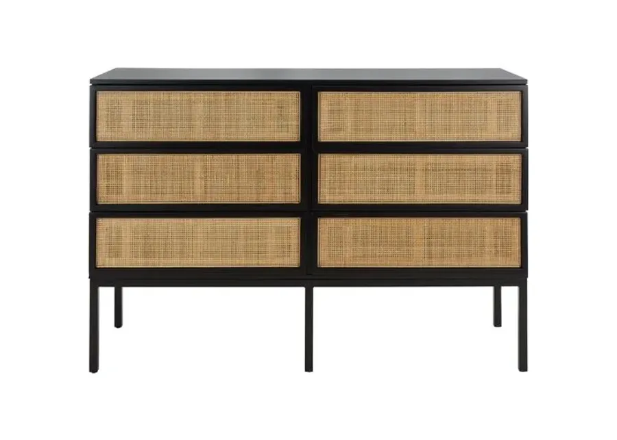 Miranda 6-Drawer Rattan Dresser - Black/Natural