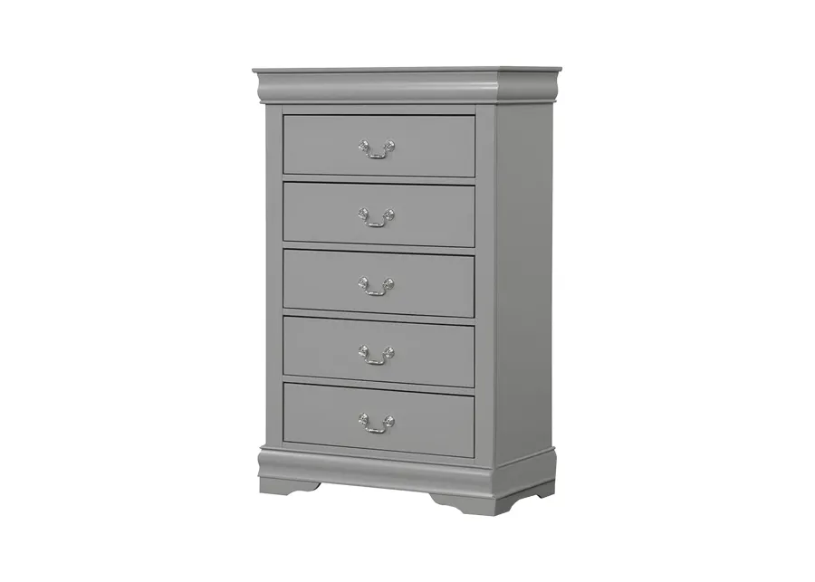 Ryla Tall Dresser Chest, 5 Drawers, Metal Handles, Light Gray Solid Wood