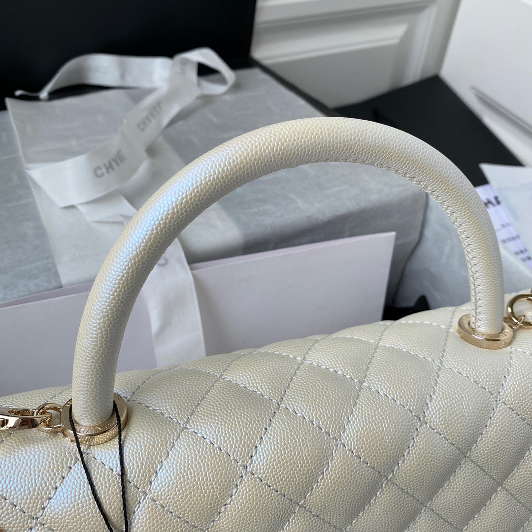 [TOP] CHANEL CoCo Handle Bag Carviar Large 29cm - Pearl White & GHW