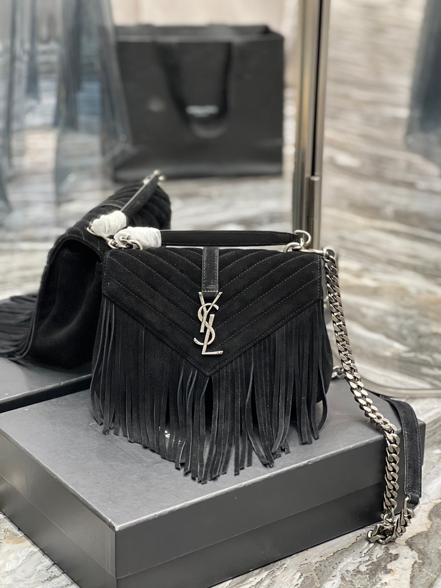[TOP] Yves Saint Laurent YSL College Fringe Suede Small Bag - Black SHW