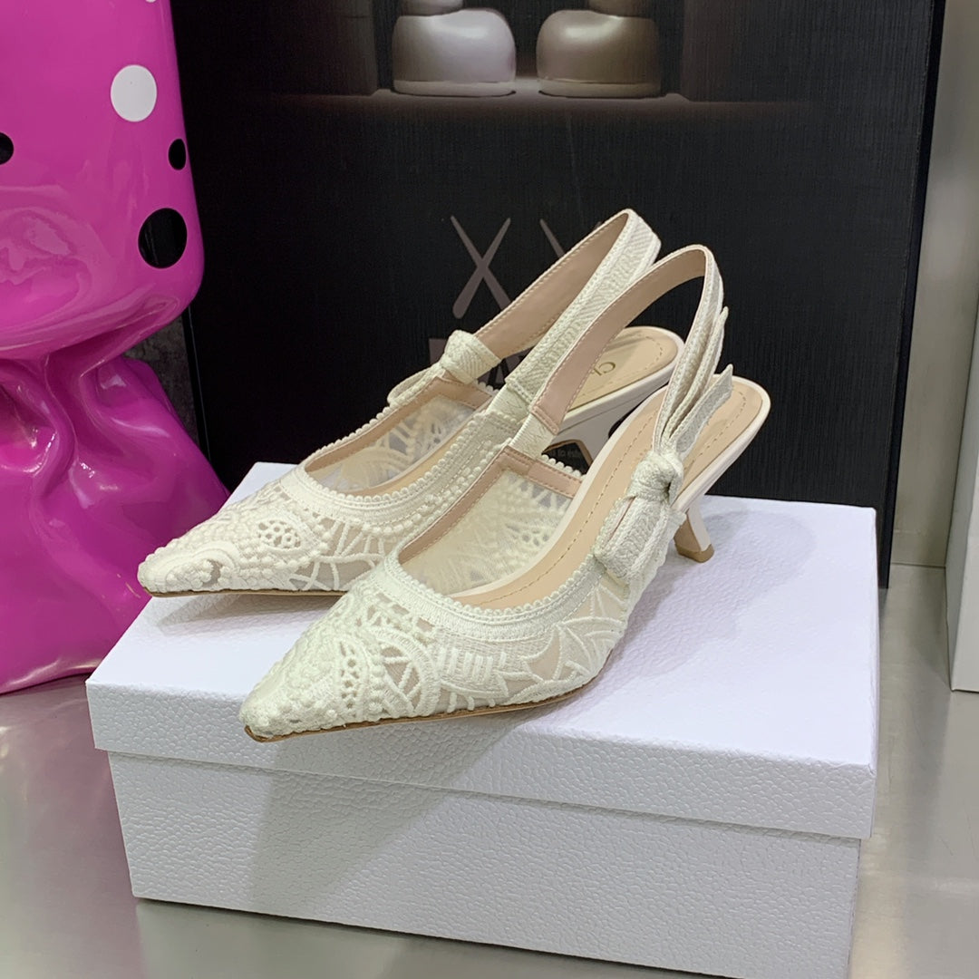 [TOP] Christian Dior Macrame Mid Heels Lace Shoes 22 - White