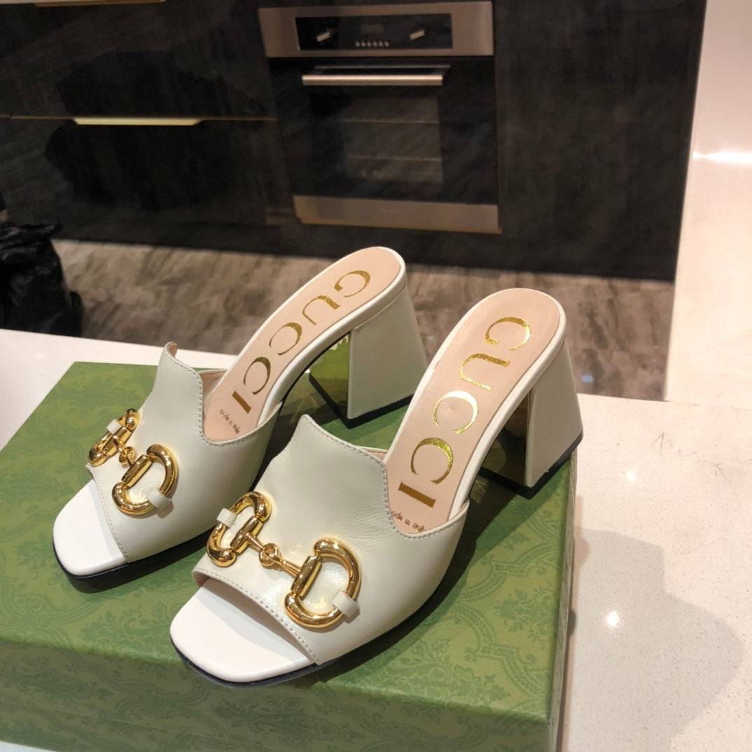 [TOP] GUCCI G*G Horsebit Slide Sandal Block Heels - White