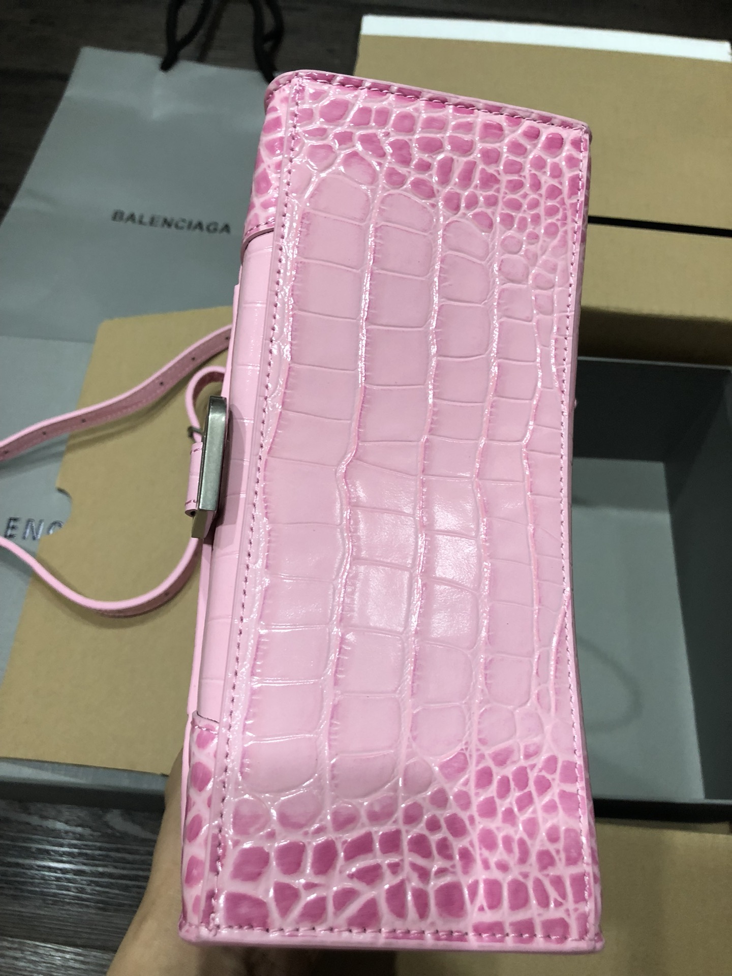 [TOP] BALENCIAGA Crocodile-Print Hourglass Bag 19/23cm - Pink