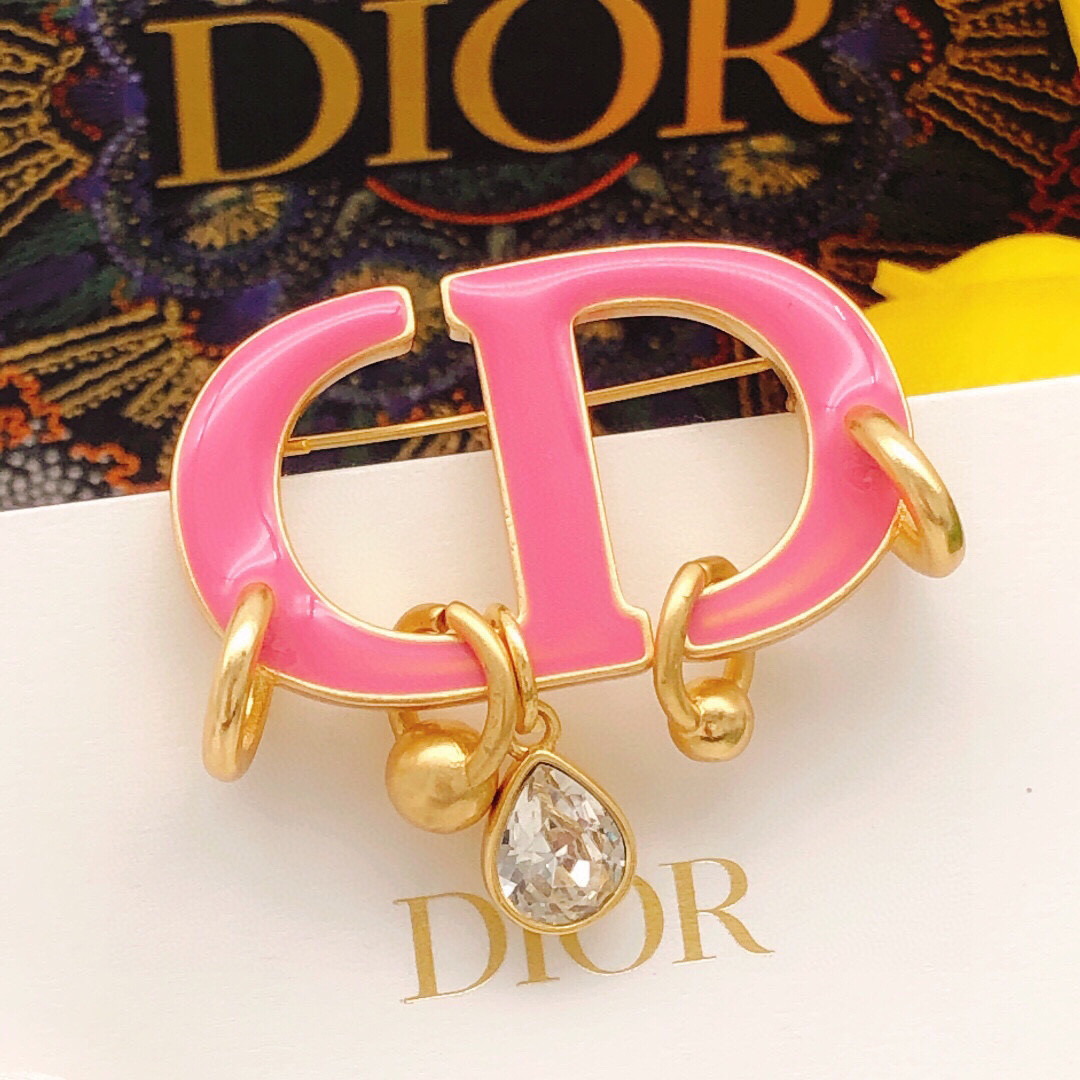 [TOP] Christian Dior CD Logo Diamond Brooch - Pink & Gold