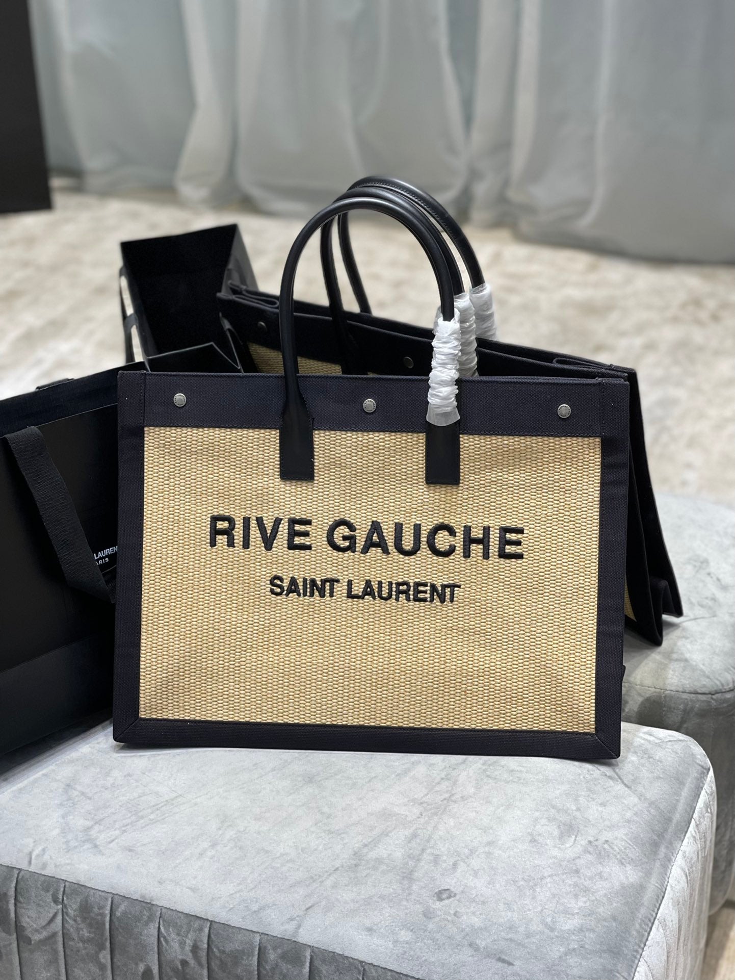 [TOP] Yves Saint Laurent YSL Rive Gauche Straw Tote Bag - Black