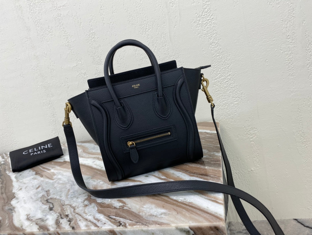 [TOP] CELINE Nano Luggage Grainy Bag 20x20x10cm - Black w GHW