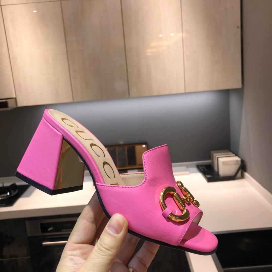 [TOP] GUCCI G*G Horsebit Slide Sandal Block Heels - Hot Pink