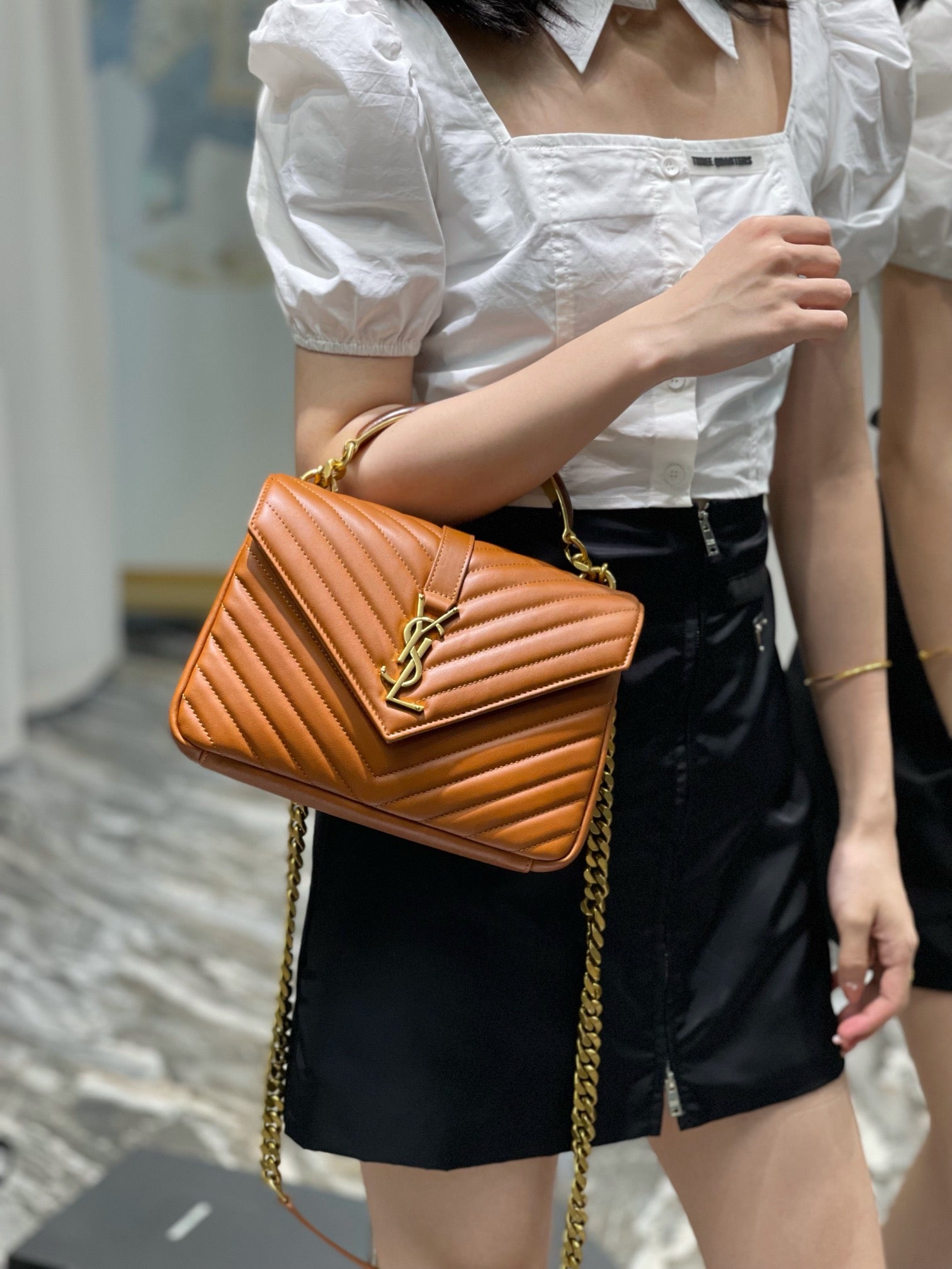 [TOP] Yves Saint Laurent YSL College Wooden Top Handle Leather Small Bag - Brown