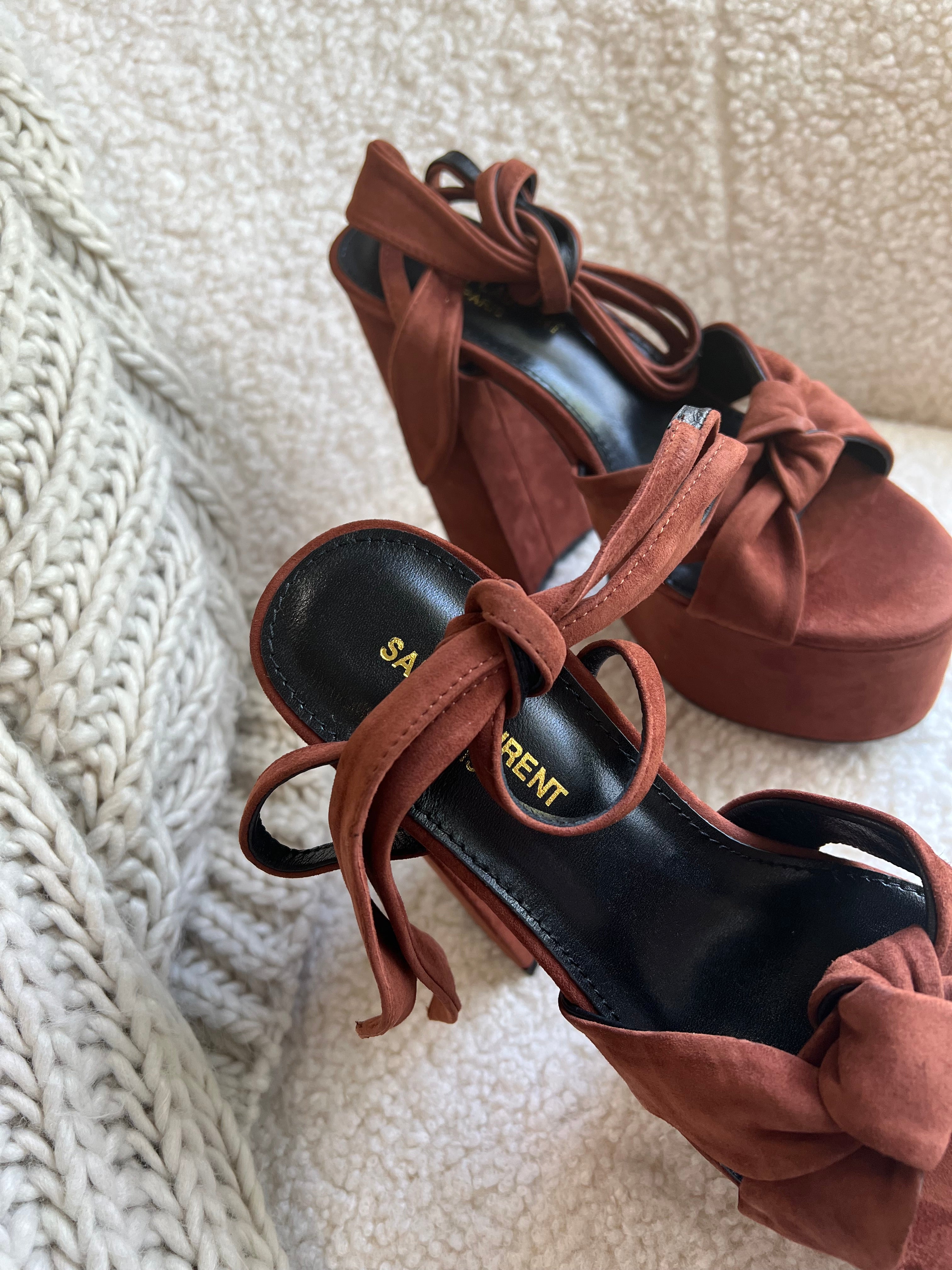 [TOP] Yves Saint Laurent YSL Suede Platform High Heels - Brown