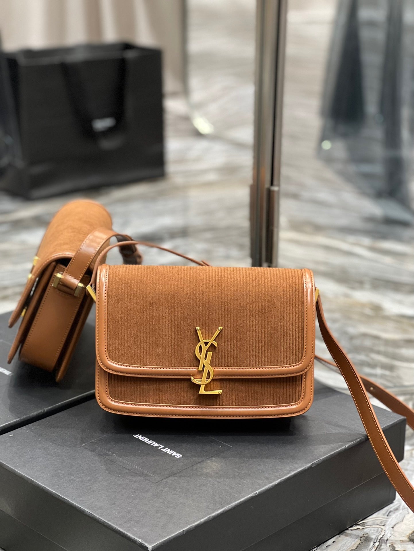 [TOP] Yves Saint Laurent YSL Solferino Corduroy Medium Bag - Brown