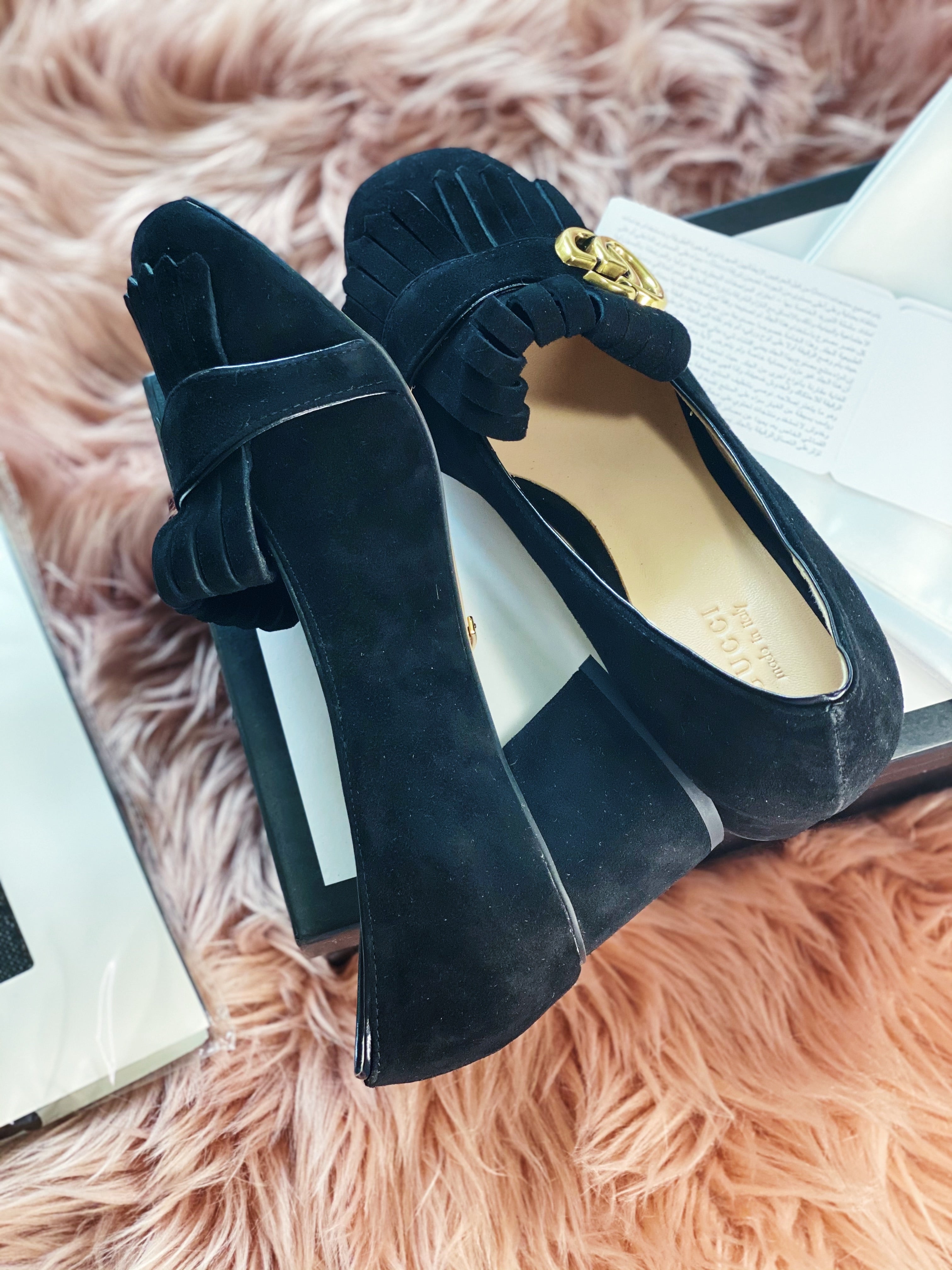 [TOP] GUCCI GG Marmont Suede Pump Midheels - Black