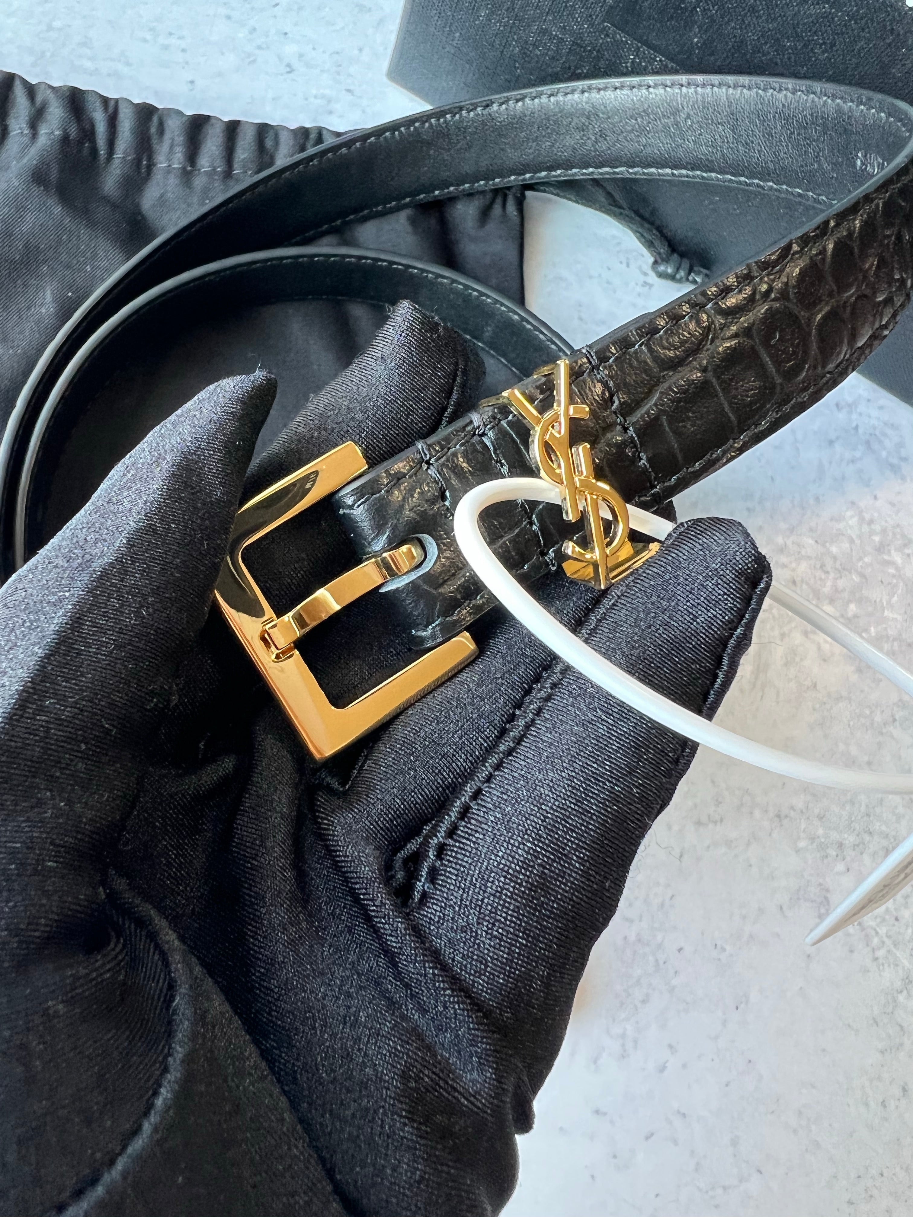 [TOP] Yves Saint Laurent YSL Monogram Logo Croc Thin Belt - Black w GHW