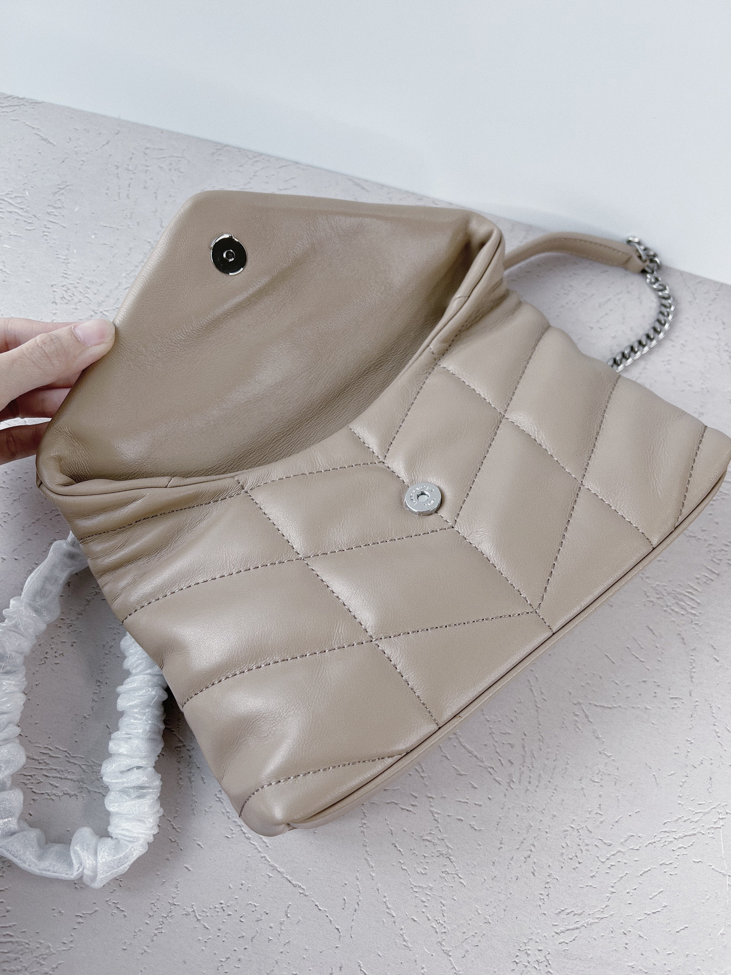 [TOP] Yves Saint Laurent YSL Loulou Puffer Mini Bag - Beige w SHW