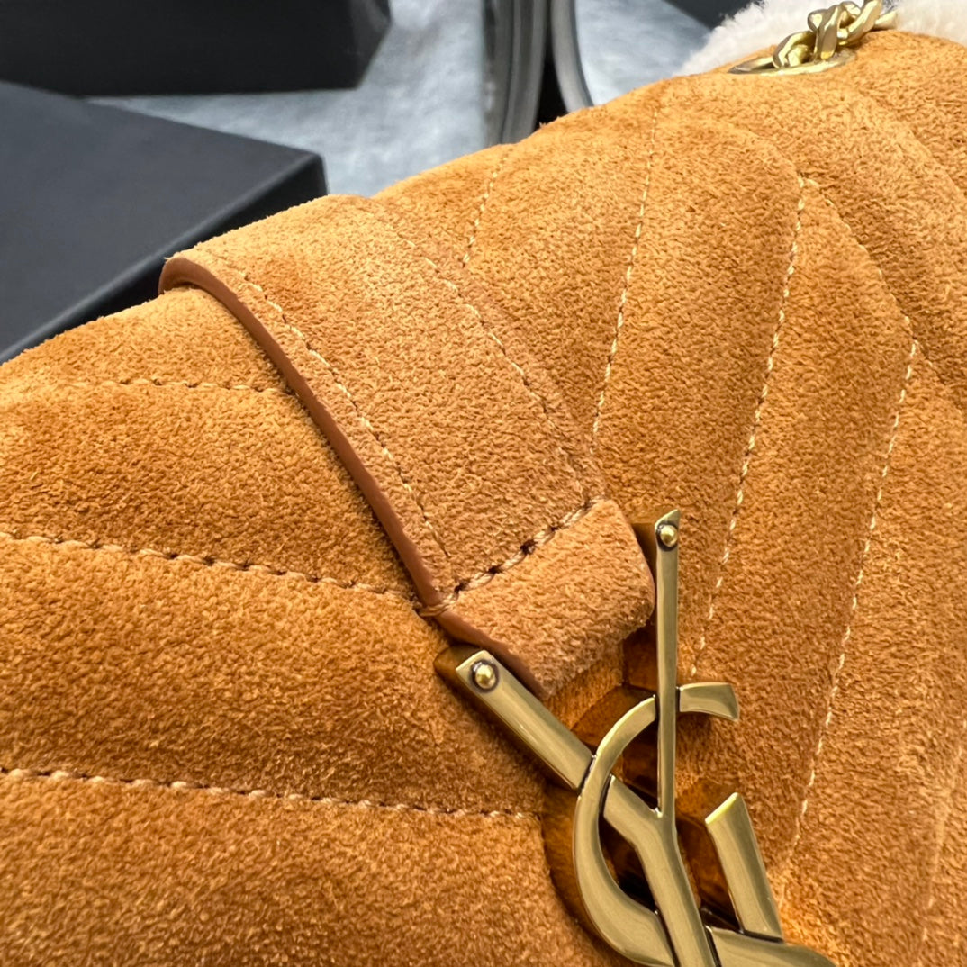 [TOP] Yves Saint Laurent YSL Envelope Small Suede Shearling Bag - Brown