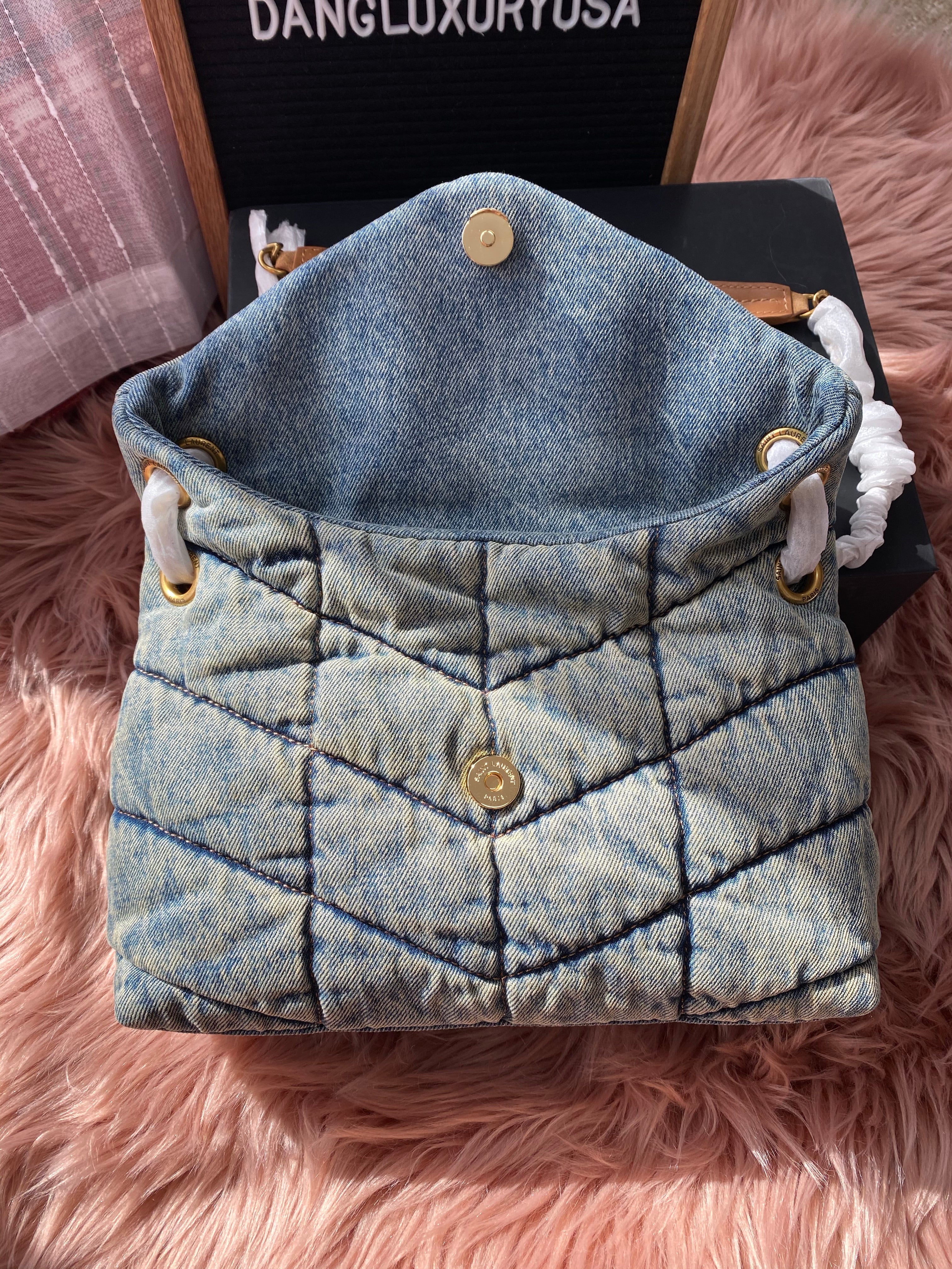 [TOP] Yves Saint Laurent YSL Loulou Small Denim Puffer Bag