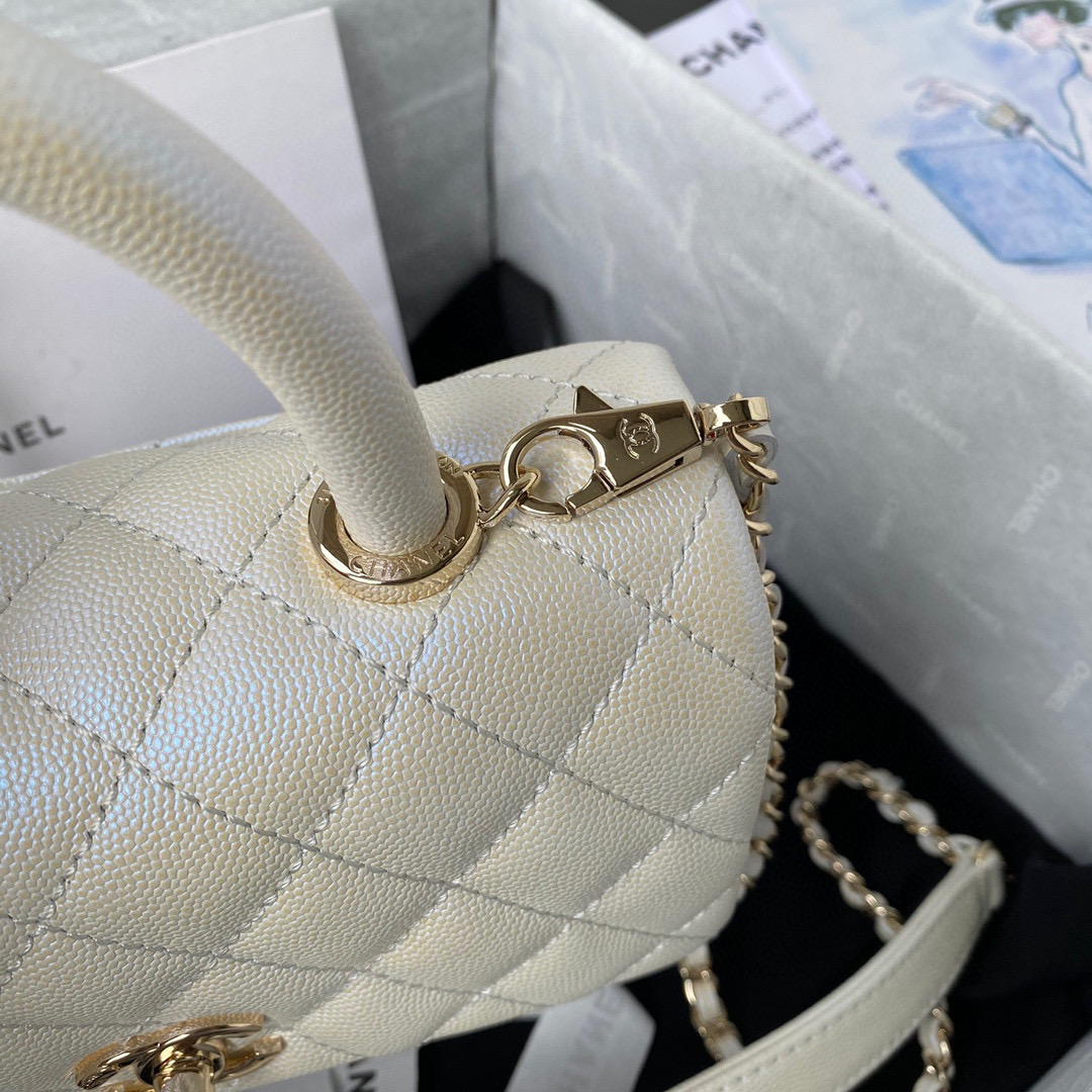 [TOP] CHANEL CoCo Handle Bag Carviar Medium 23cm - Pearl White & GHW
