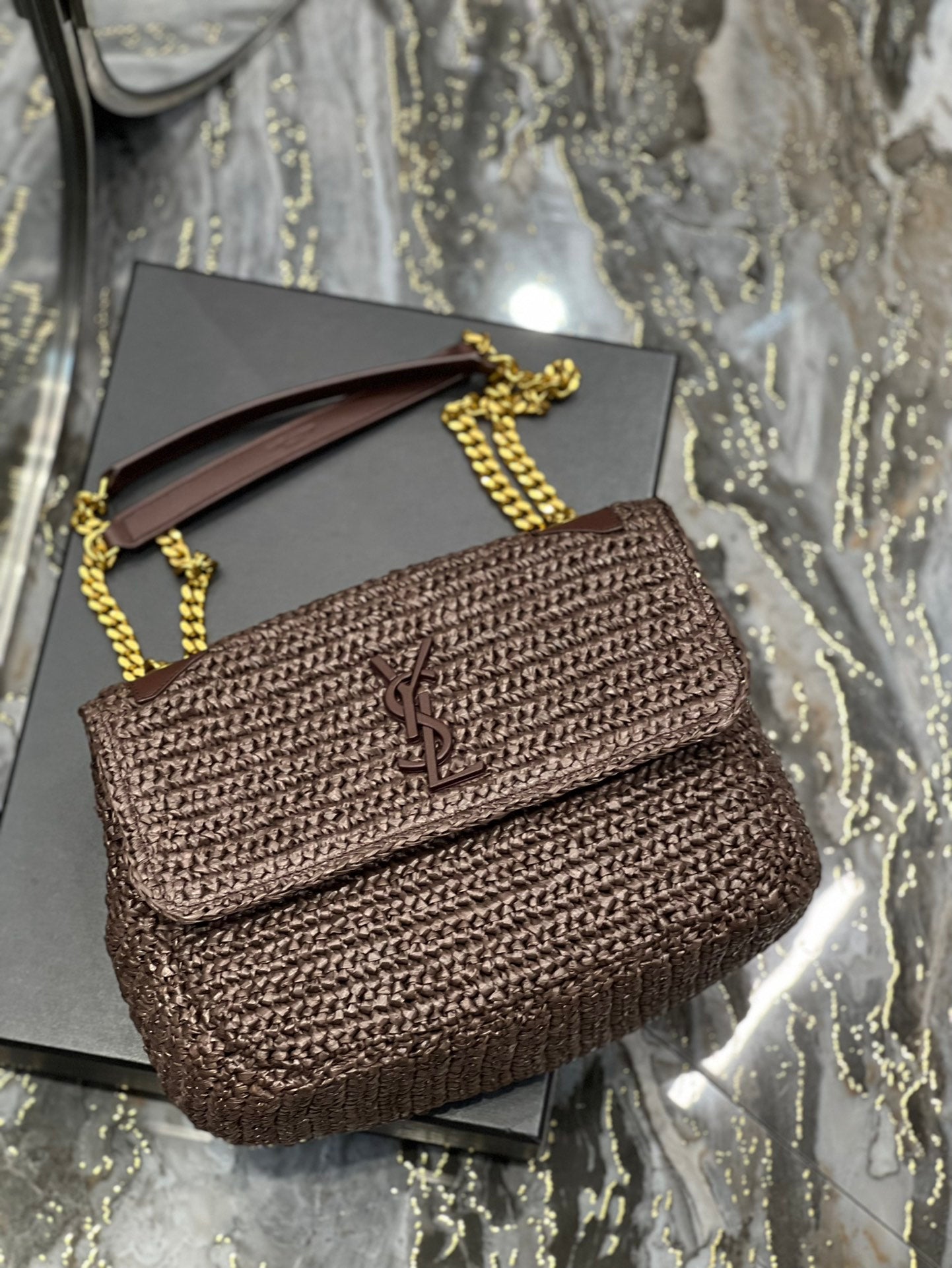 [TOP] Yves Saint Laurent YSL Niki Medium Raffia Bag - Brown