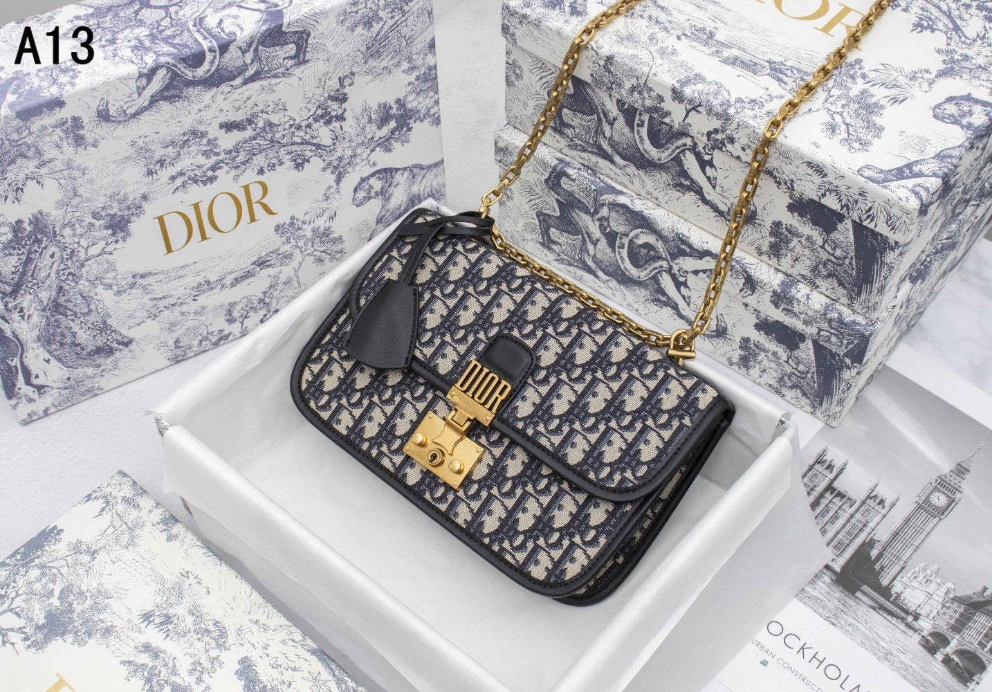 [TOP] Christian Dior Shoulder Flap Bag Oblique Canvas Chain - BLUE