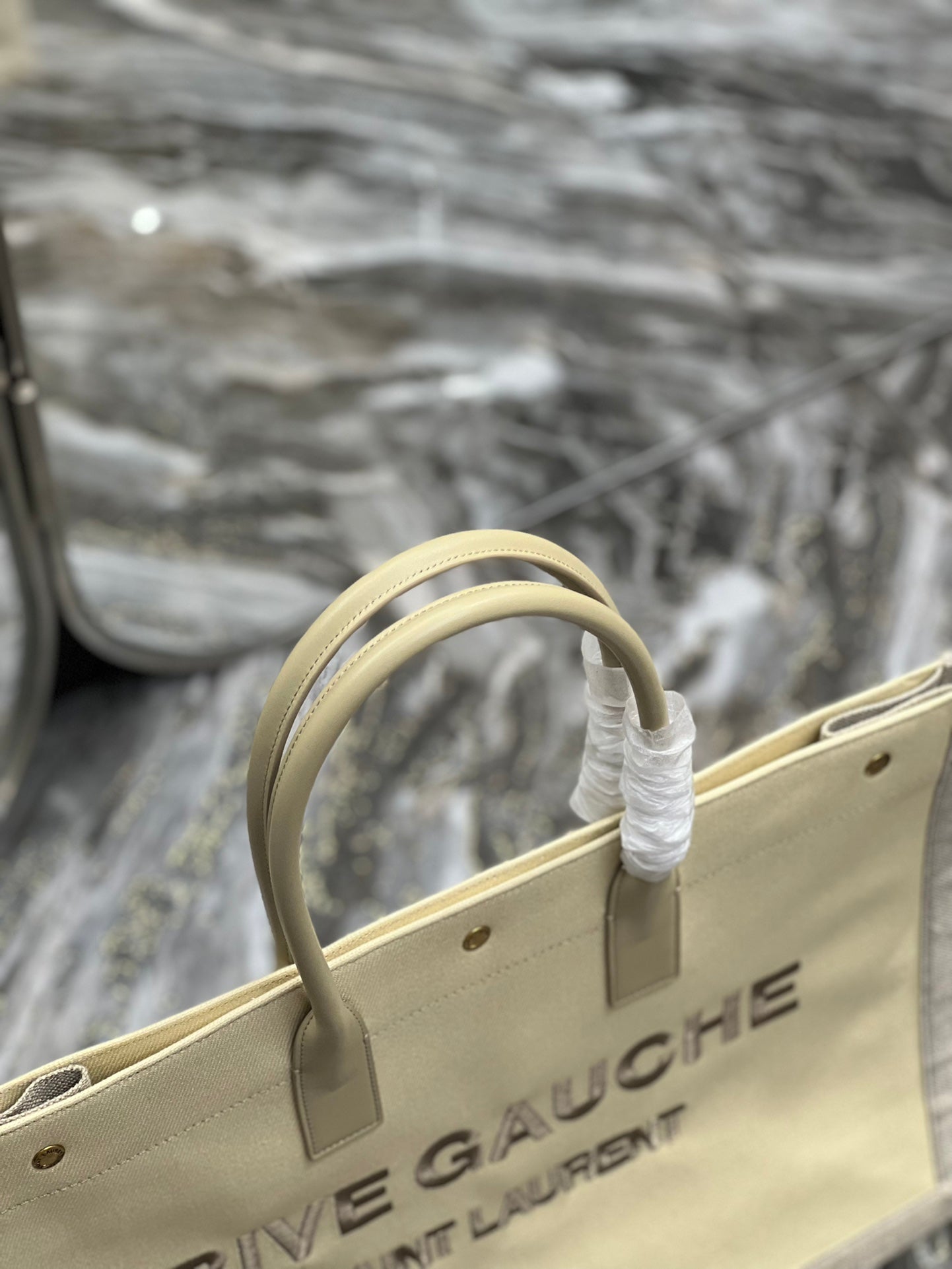 [TOP] Yves Saint Laurent YSL Rive Gauche Canvas Embroidery Tote Bag - Tan