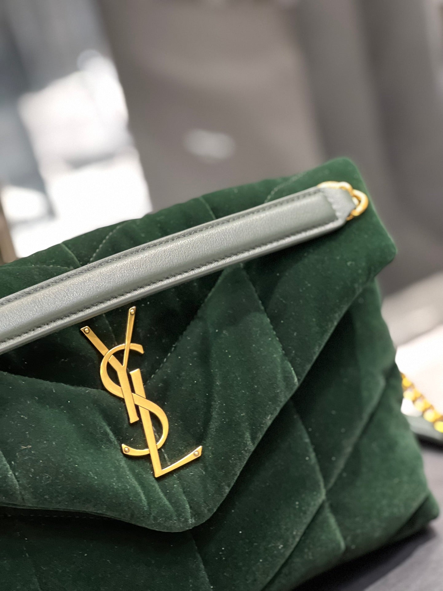 [TOP] Yves Saint Laurent YSL Loulou Puffer Suede Small Bag - Dark Green