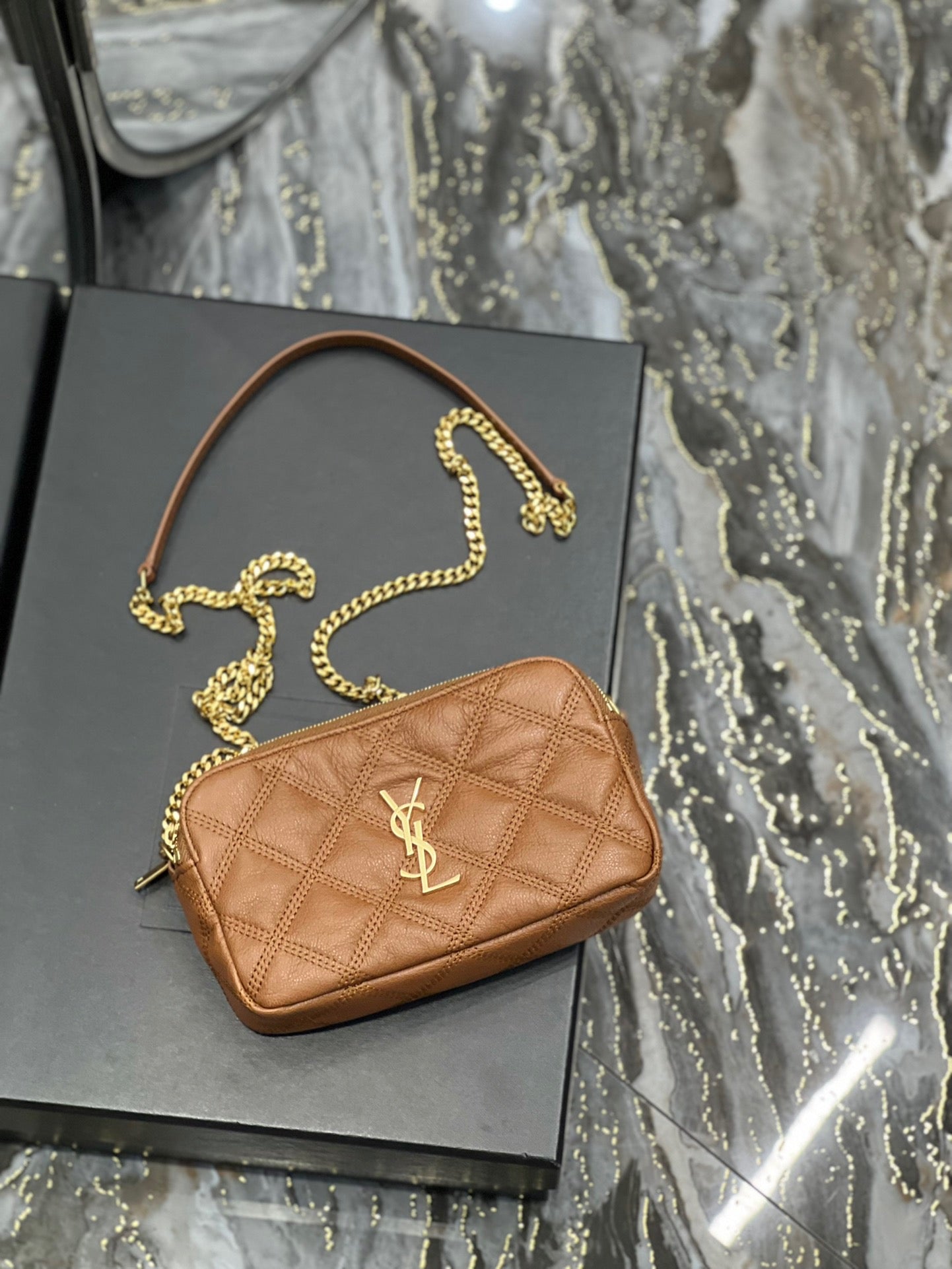 [TOP] Yves Saint Laurent YSL Beckly Double Zip Pouch Bag - Brown