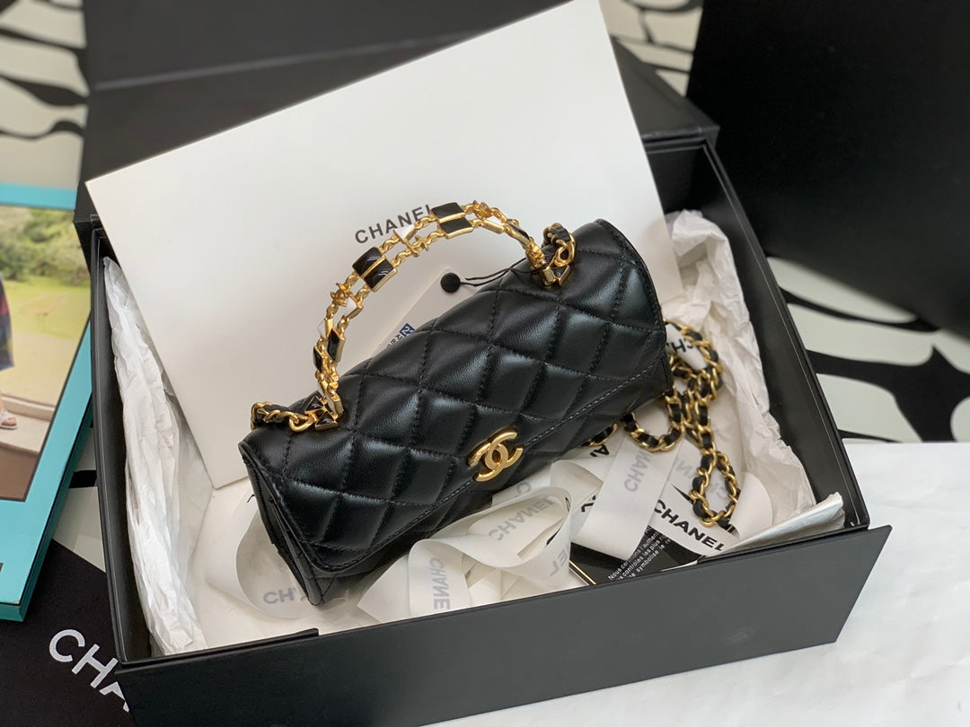 [TOP] CHANEL Flap Phone Holder Chain Bag w Enamel Top Handle - Black
