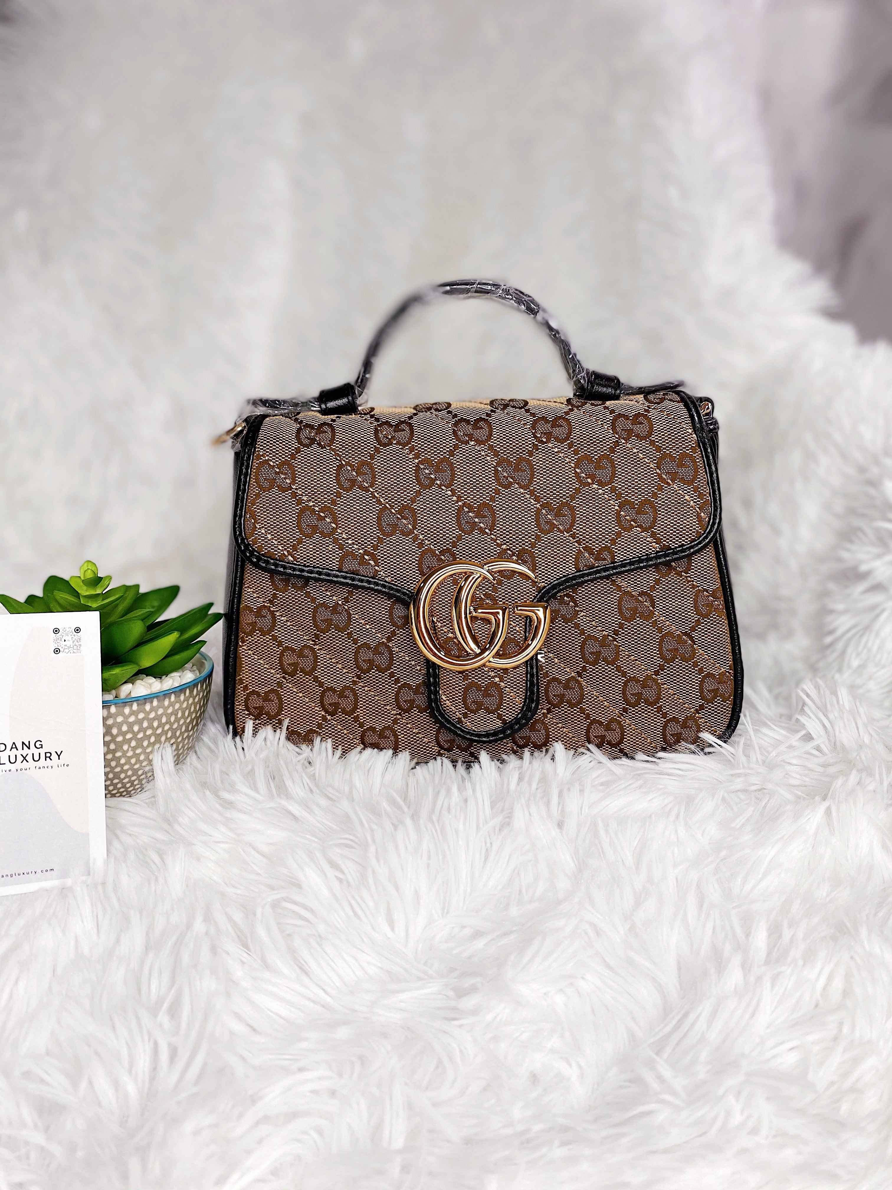 [TOP] GUCCI GG Marmont Bag Top Handle Mini 27*13.5*10 - Beige x Ebony Canvas