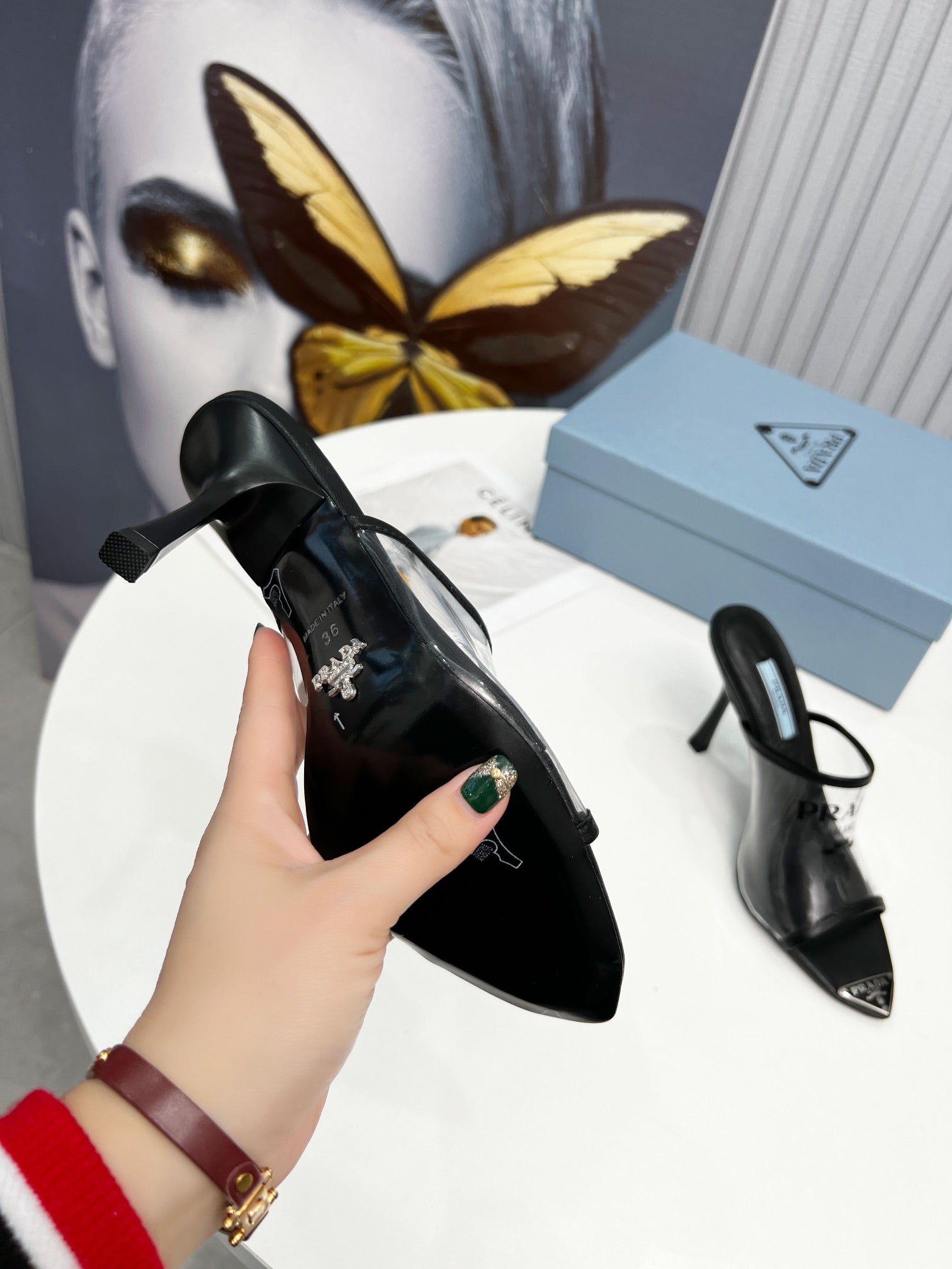 [TOP] PRADA Logo-print Plexiglas High-heel Slides - Black