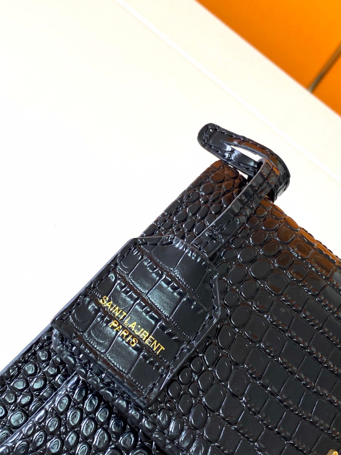 [TOP] Yves Saint Laurent YSL Small Monogram Sunset Croc Embossed Leather Bag - Black w GHW