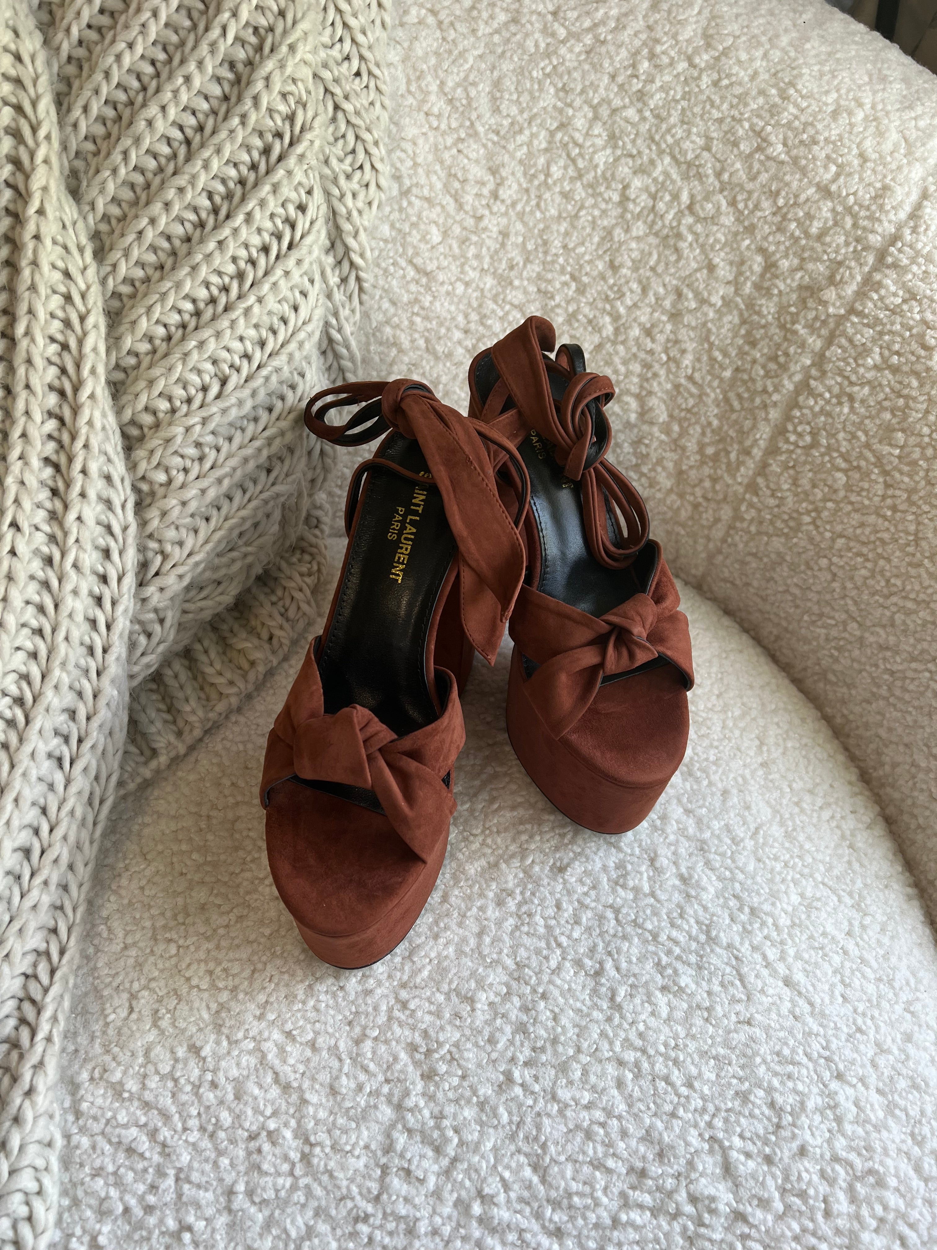 [TOP] Yves Saint Laurent YSL Suede Platform High Heels - Brown