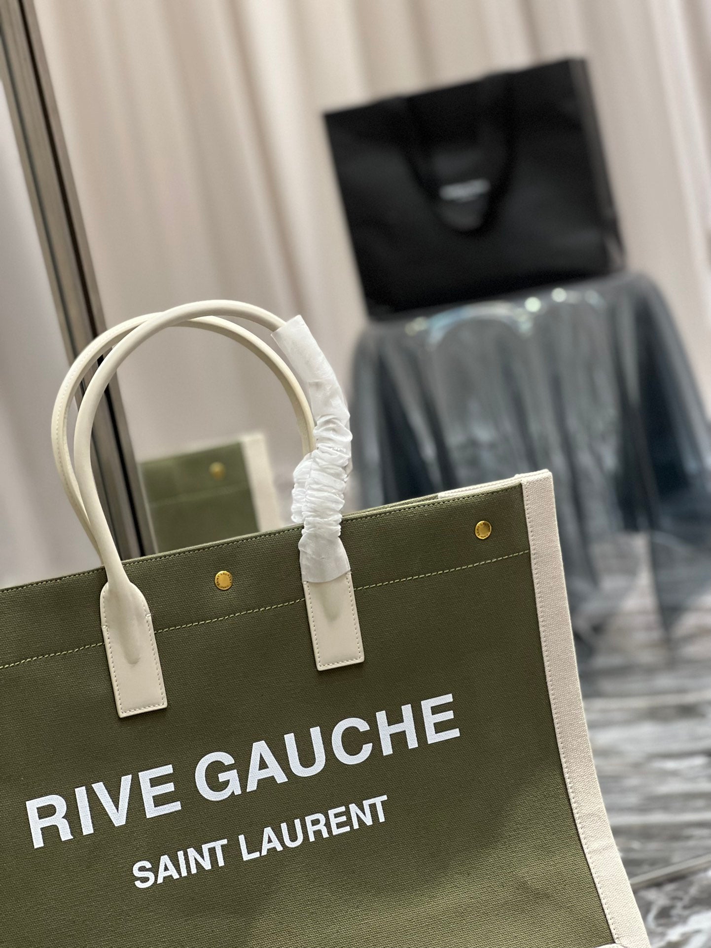 [TOP] Yves Saint Laurent YSL Rive Gauche Canvas Tote Bag - Green