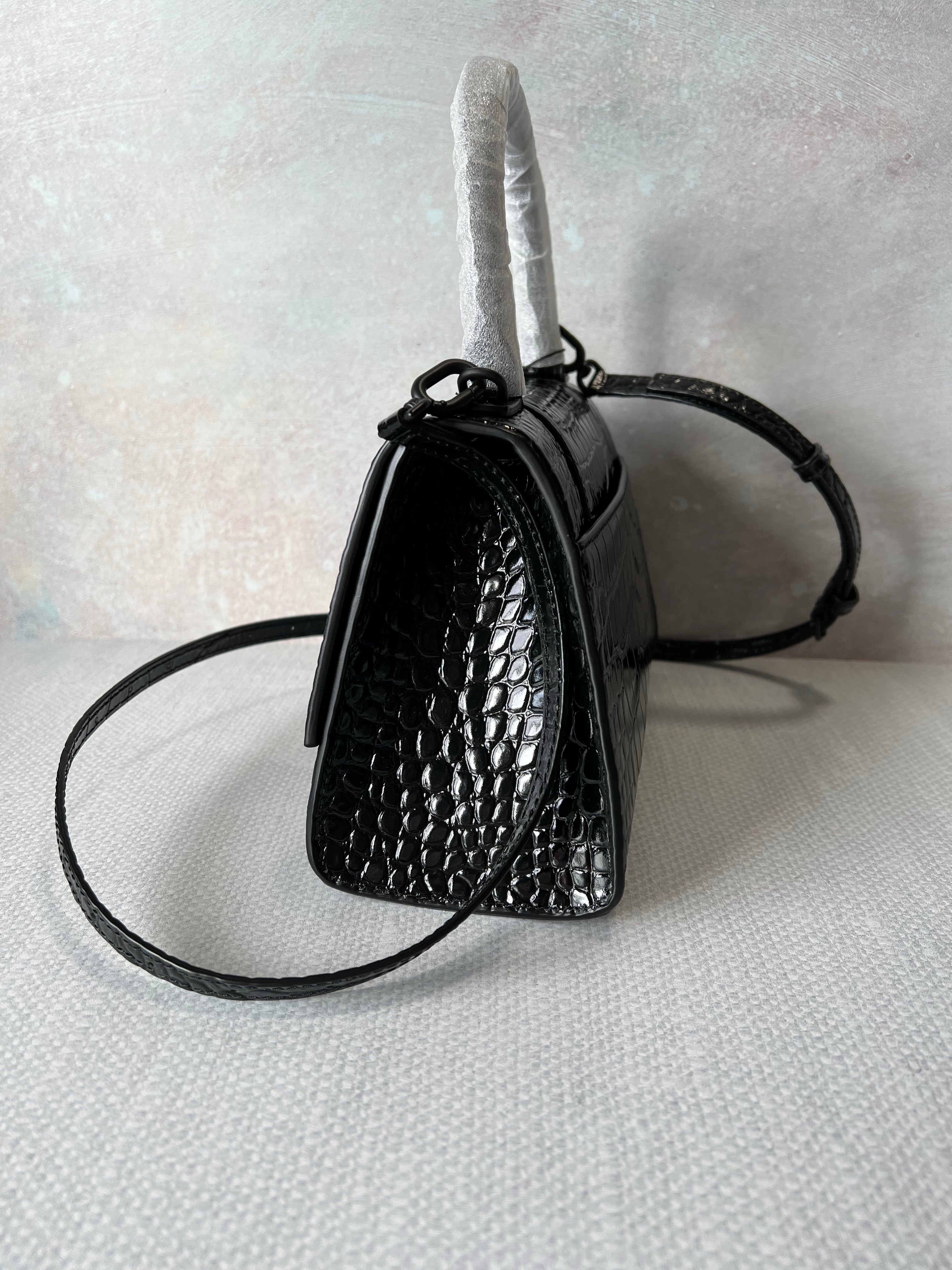 [TOP] BALENCIAGA Hourglass Crocodile-Print Cowhide Small Bag 23x14x10cm - Black on Black