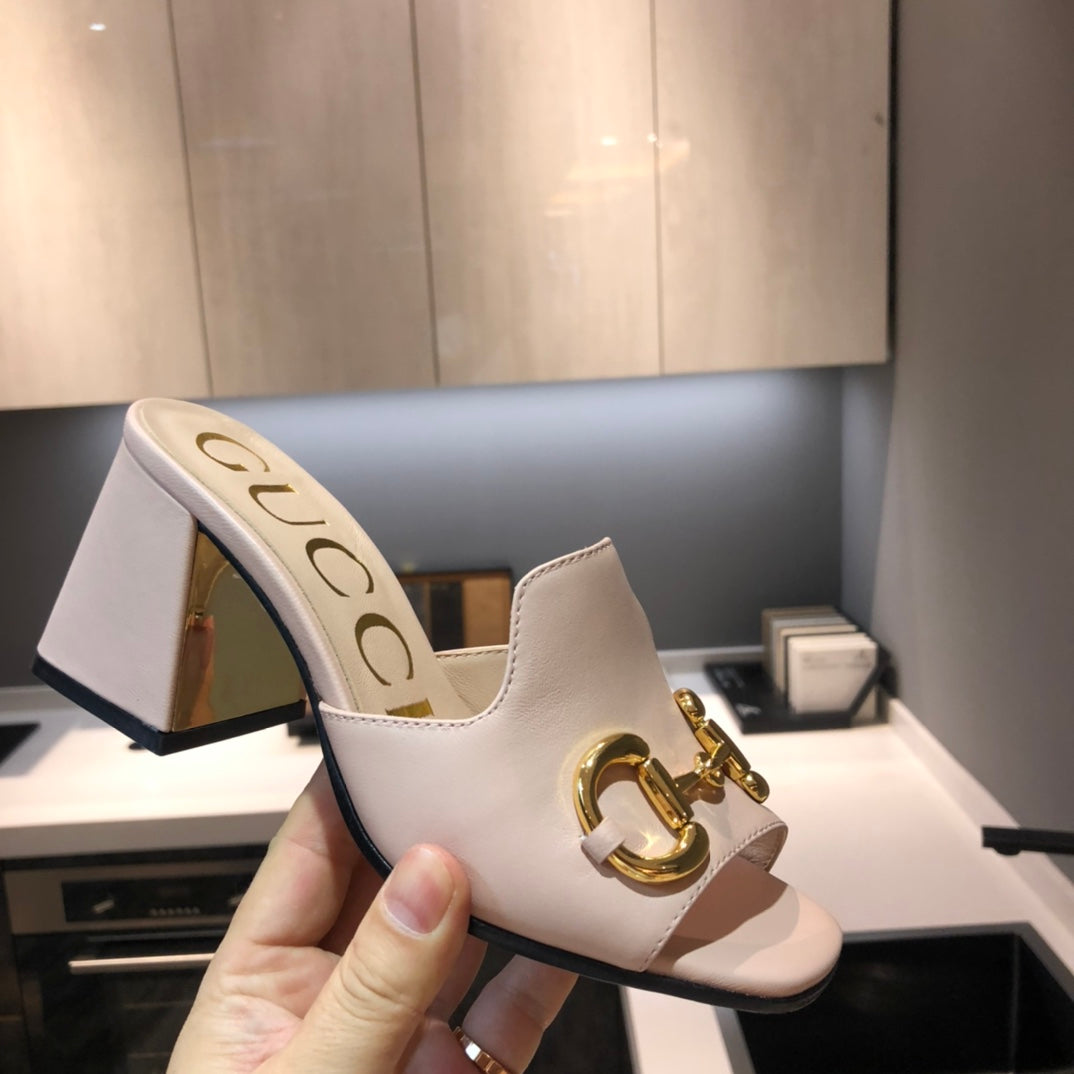 [TOP] GUCCI G*G Horsebit Slide Sandal Block Heels - Light Pink
