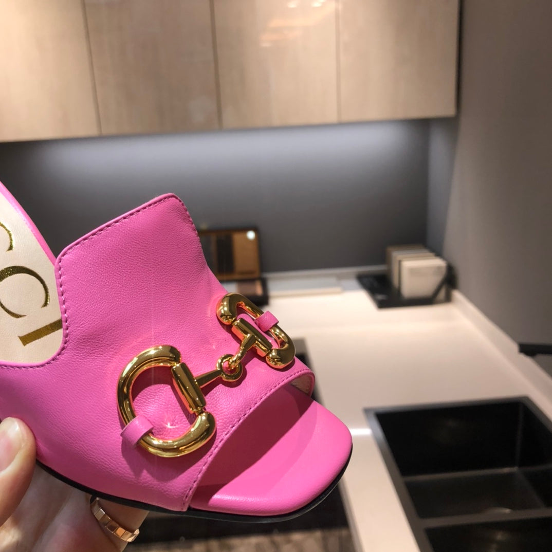 [TOP] GUCCI G*G Horsebit Slide Sandal Block Heels - Hot Pink