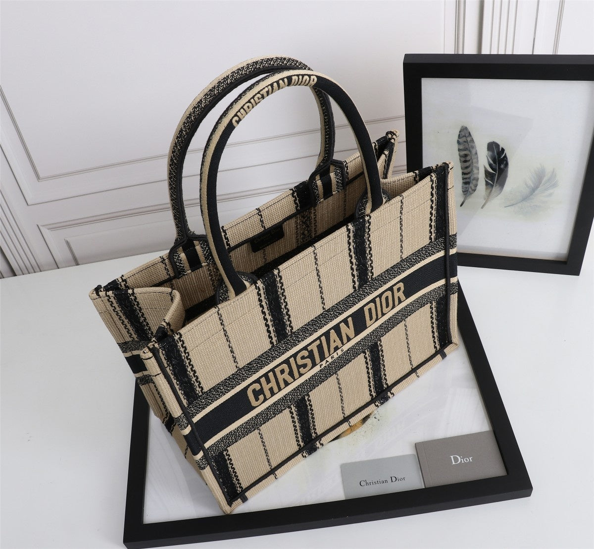 [TOP] Christian Dior Book Tote Bag Canvas Embroidered Bayadere Small 36cm - Black Beige
