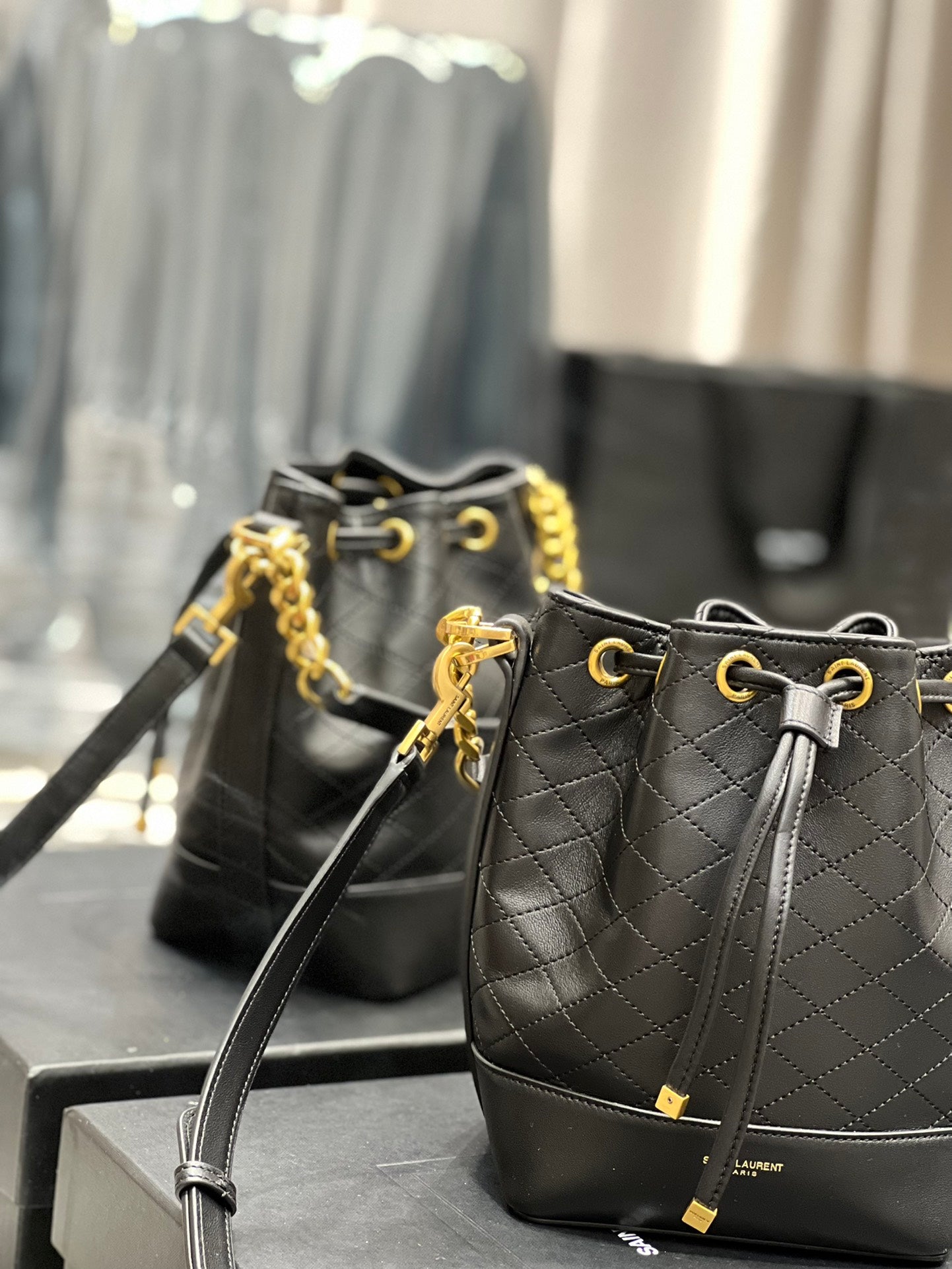 [TOP] Yves Saint Laurent YSL Emmanuelle Small Quilted Lambskin Bucket Bag - Black